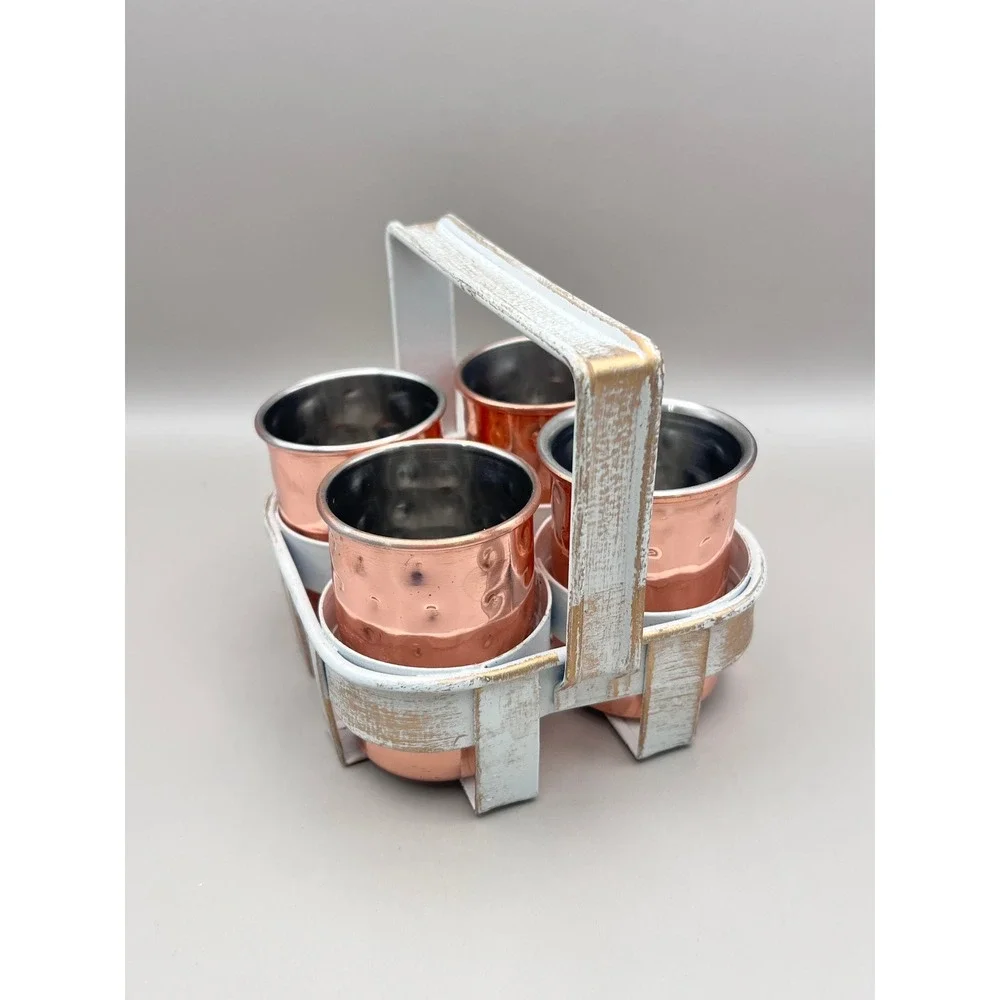 Hammered Copper Shot Glass Set of 4 with Distressed White‎ Metal Caddy Barware